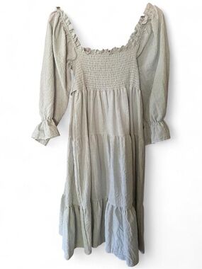 Smocked Square-Neck Midi Dress in Sage Green
